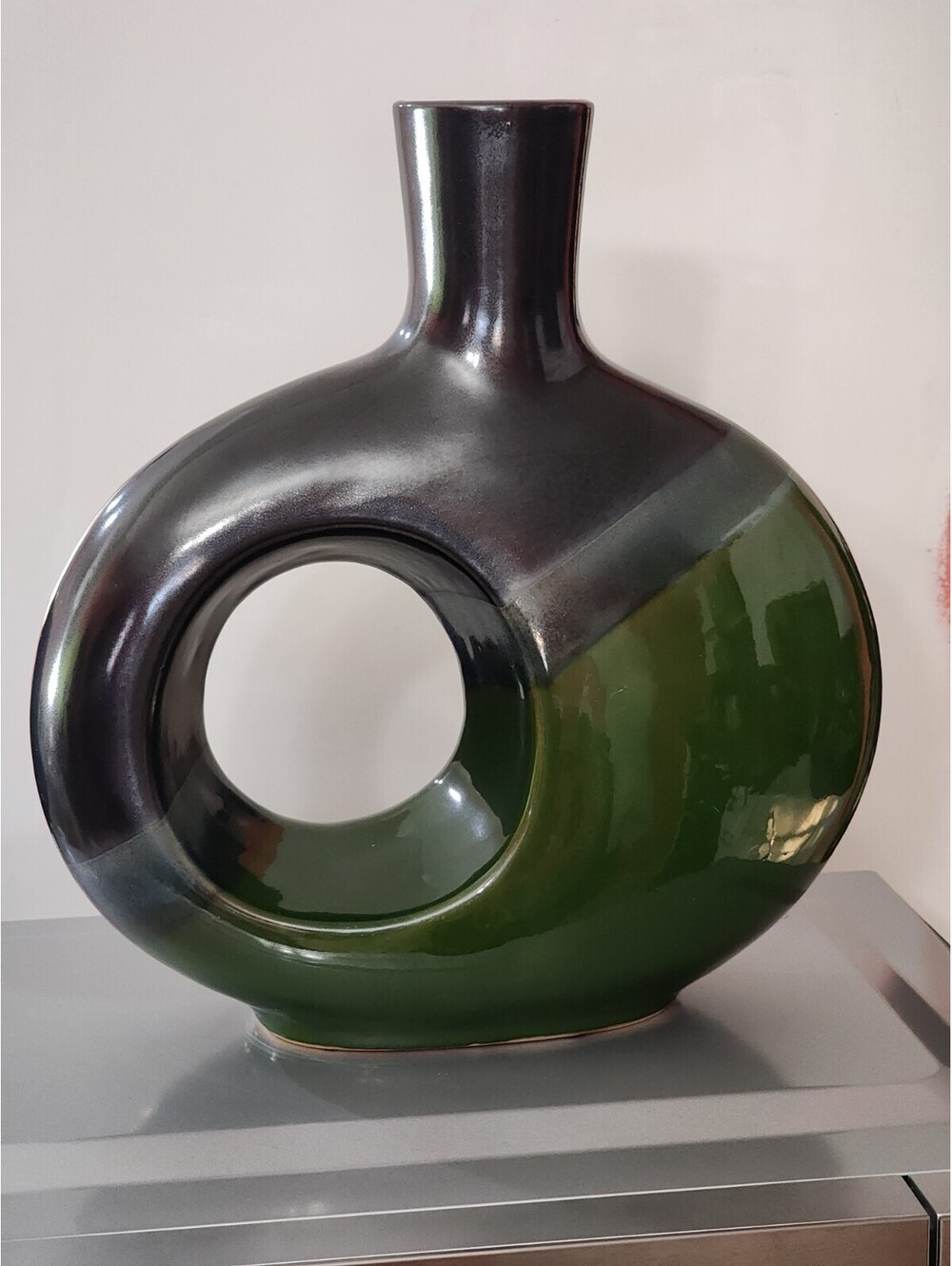 Pier 1 Imports Modern Asymmetrical Art Vase Green Black Ceramic 12"